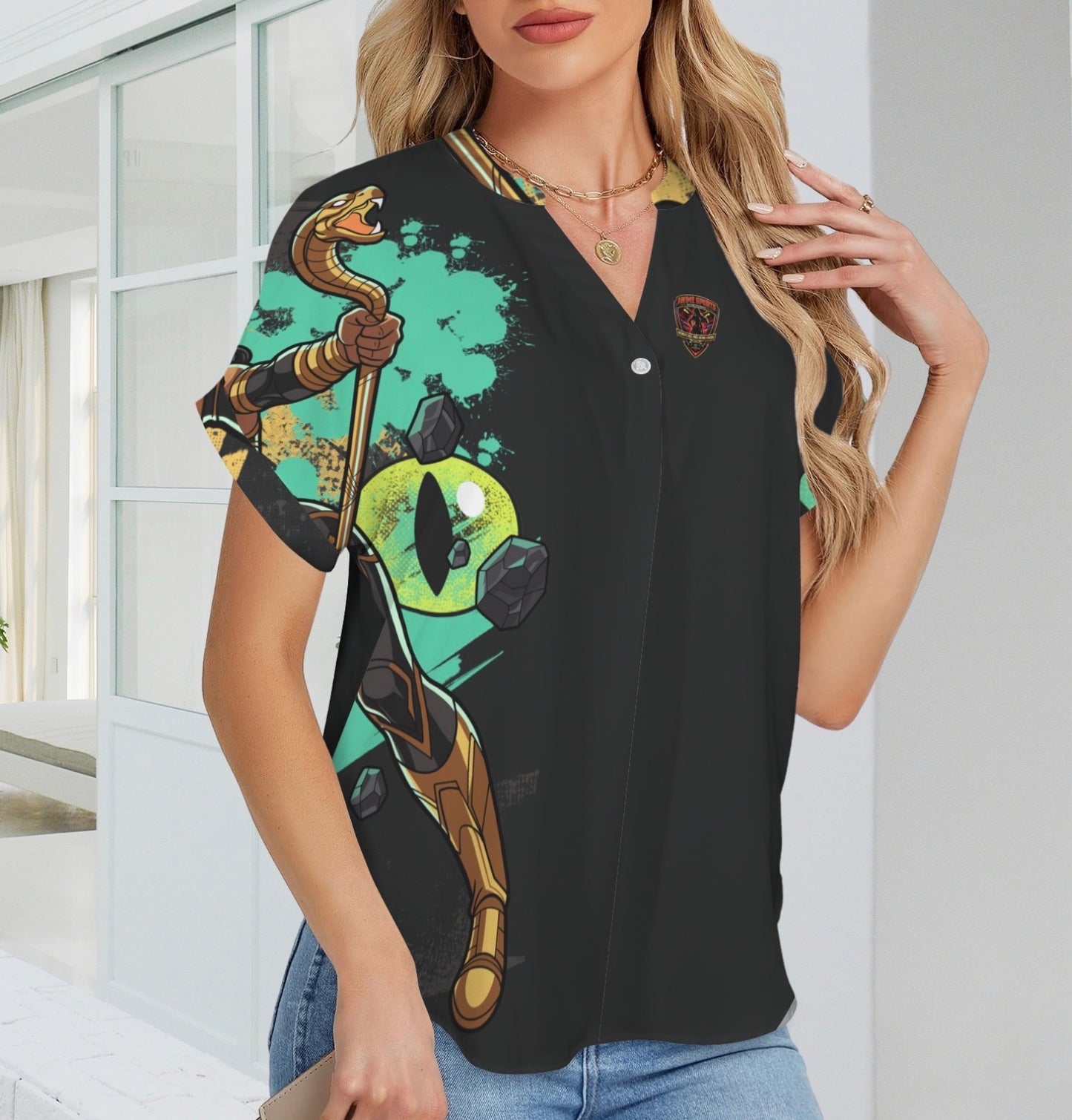 GOLDEN COBRA SPLIT V-NECK BLOUSE